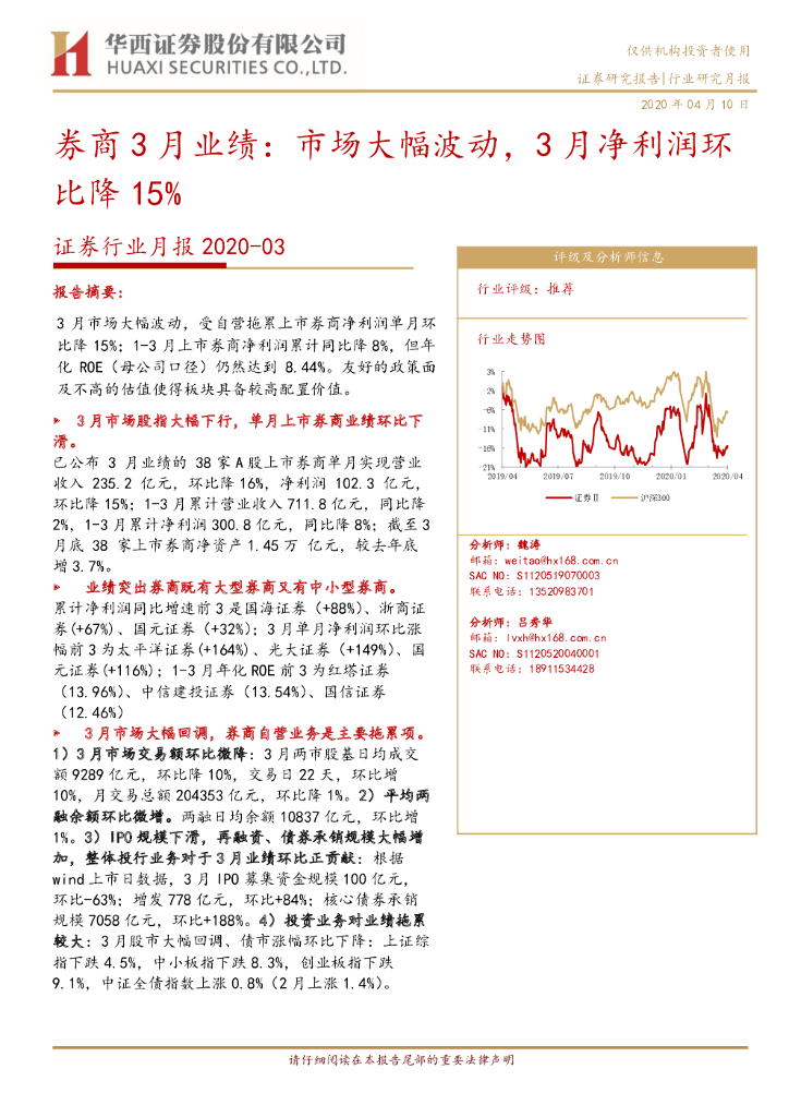 华西证券：证券行业月报：券商3月业绩：市场大幅波动，3月净利润环比降15%
