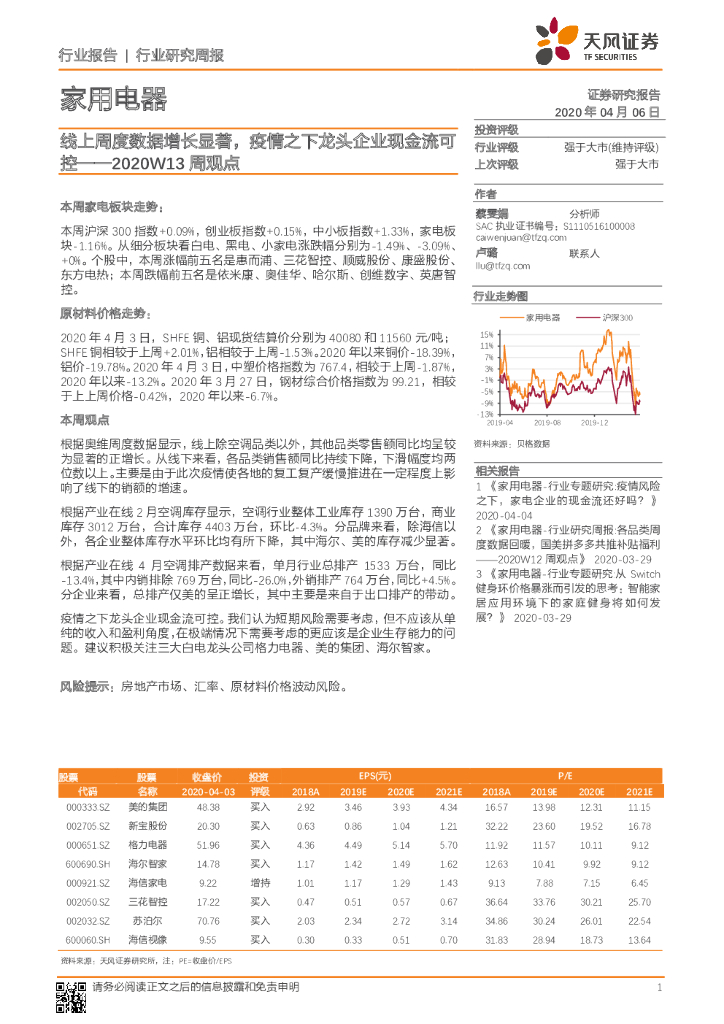 天风证券：家用电器2020W13周观点：线上周度数据增长显著，疫情之下龙头企业现金流可控