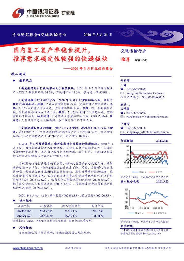 中国银河:交通运输行业2020年3月行业动态报告:国内复工复产率稳步提升,推荐需求确定性较强的<em>快递</em>板块