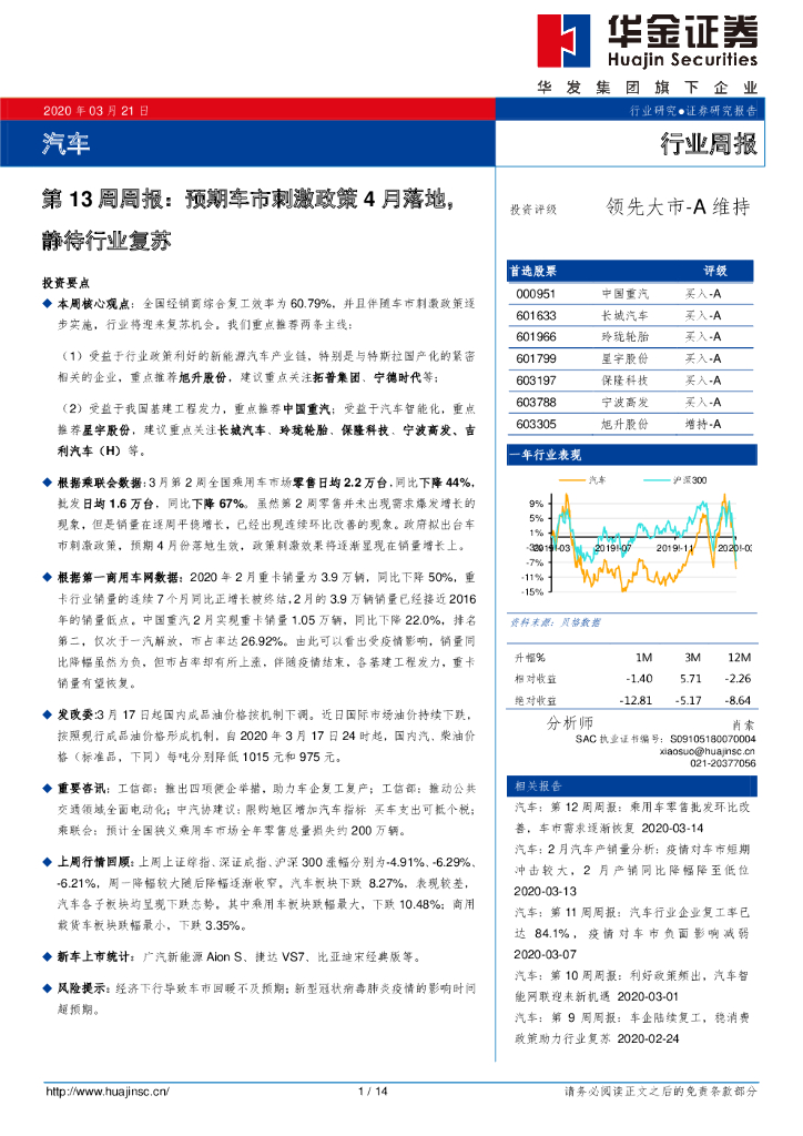 华金证券：汽车第13周周报：预期车市刺激政策4月落地，静待行业复苏