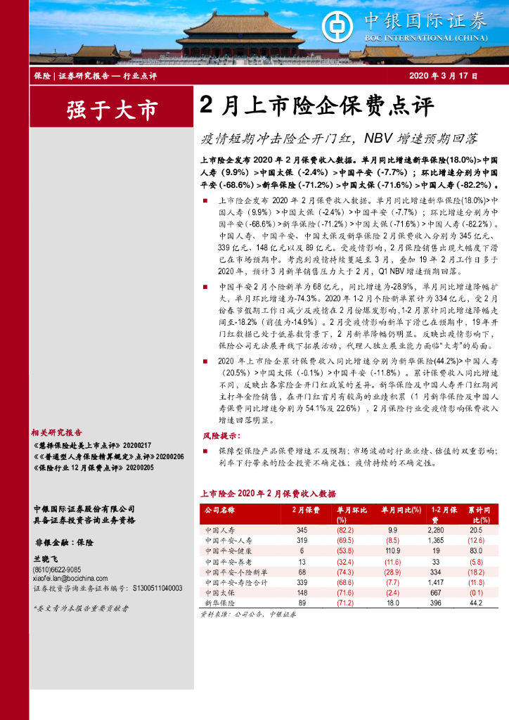 中银证券：2月上市险企保费点评：疫情短期冲击险企开门红，NBV增速预期回落
