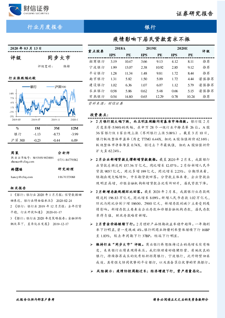财信证券：银行行业月度报告：疫情影响下居民贷款需求不振