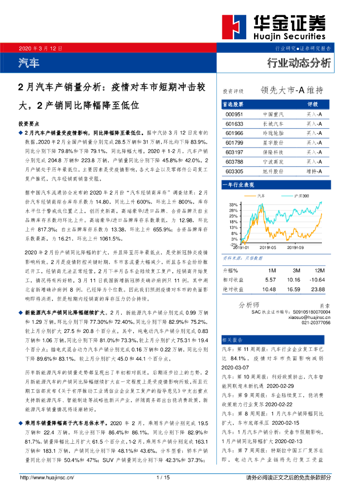 华金证券：2月汽车产销量分析：疫情对车市短期冲击较大，2产销同比降幅降至低位