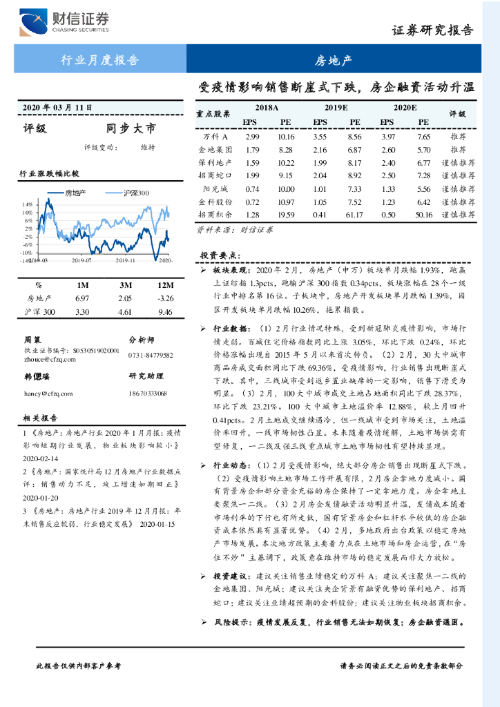 财信证券：房地产行业月度报告：受疫情影响销售断崖式下跌，房企融资活动升温