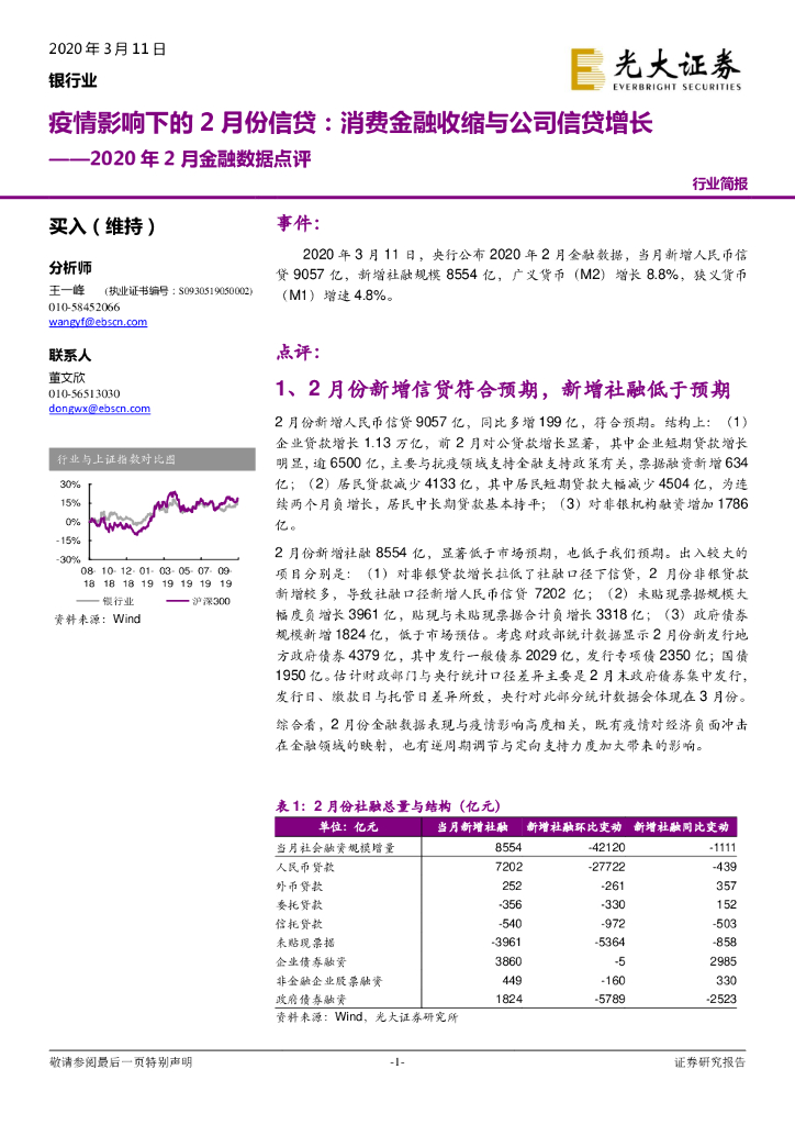 光大证券：银行业2020年2月金融数据点评：疫情影响下的2月份信贷：消费金融收缩与公司信贷增长