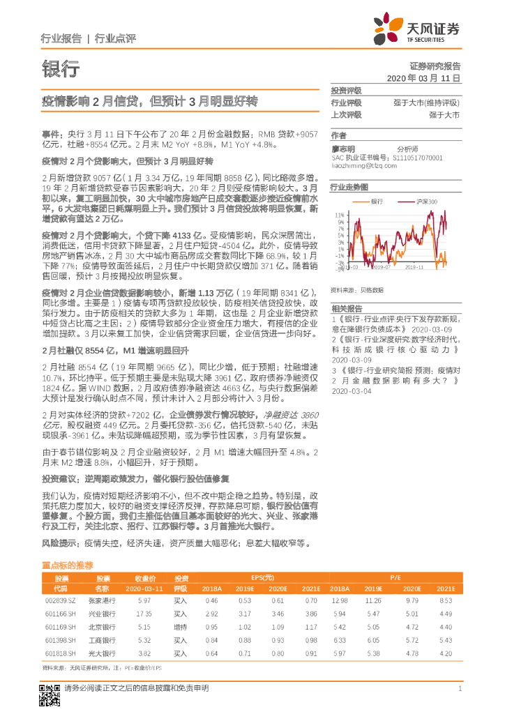 天风证券：银行：疫情影响2月信贷，但预计3月明显好转