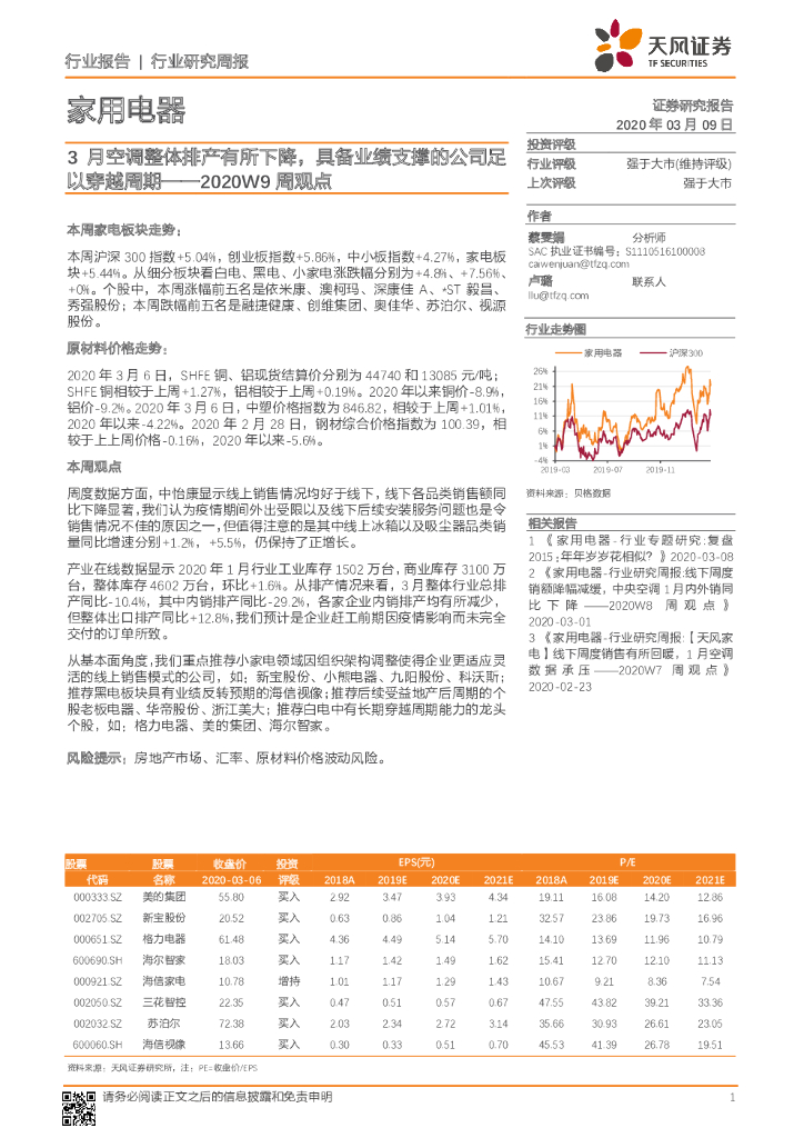 天风证券：家用电器2020W9周观点：3月空调整体排产有所下降，具备业绩支撑的公司足以穿越周期