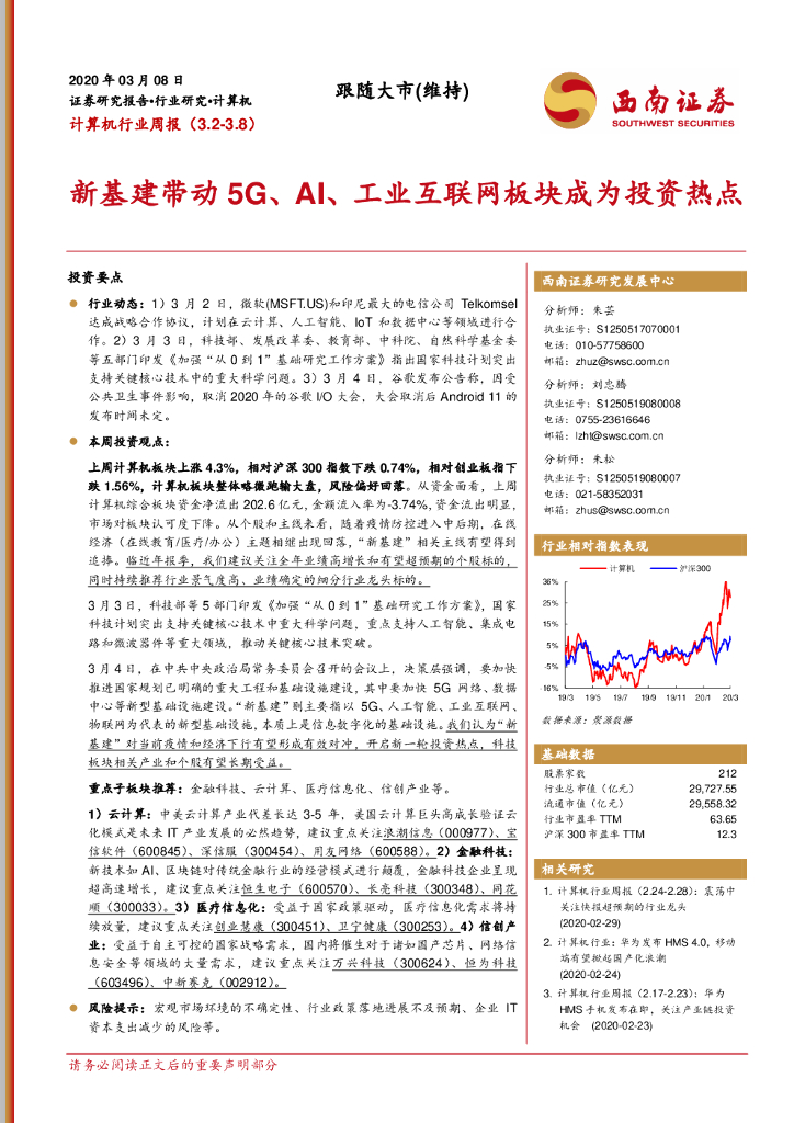 西南证券：计算机行业周报：新基建带动5G、AI、工业互联网板块成为投资热点