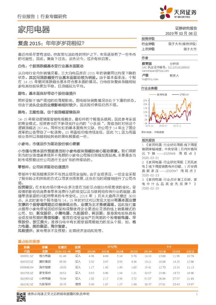天风证券：家用电器行业专题研究：复盘2015：年年岁岁花相似？