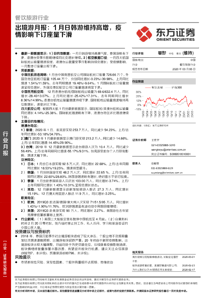 东方证券：餐饮旅游行业：出境游月报：1月日韩游维持高增，疫情影响下订座量下滑