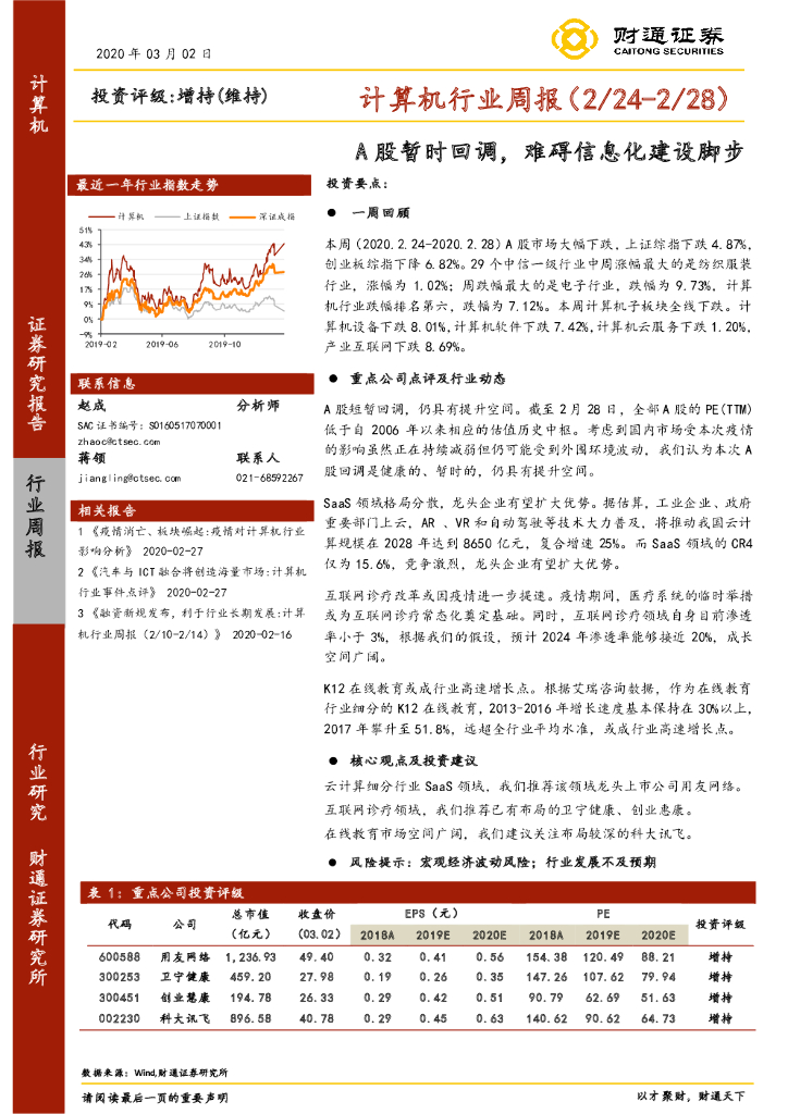 财通证券：计算机行业周报：A股暂时回调，难碍信息化建设脚步