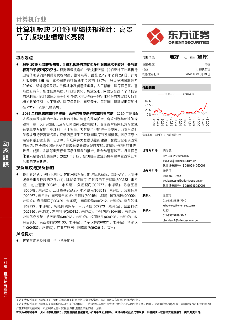 东方证券：计算机板块2019业绩快报统计：高景气子版块业绩增长亮眼