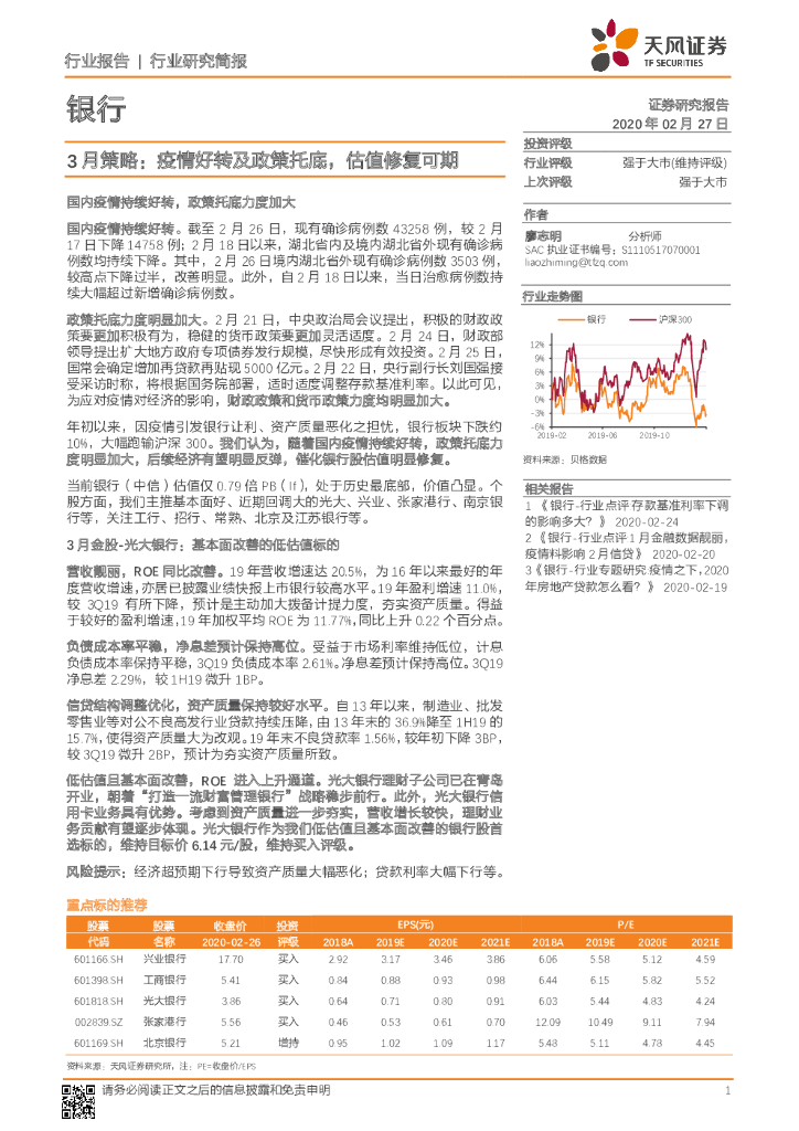 天风证券：银行3月策略：疫情好转及政策托底，估值修复可期