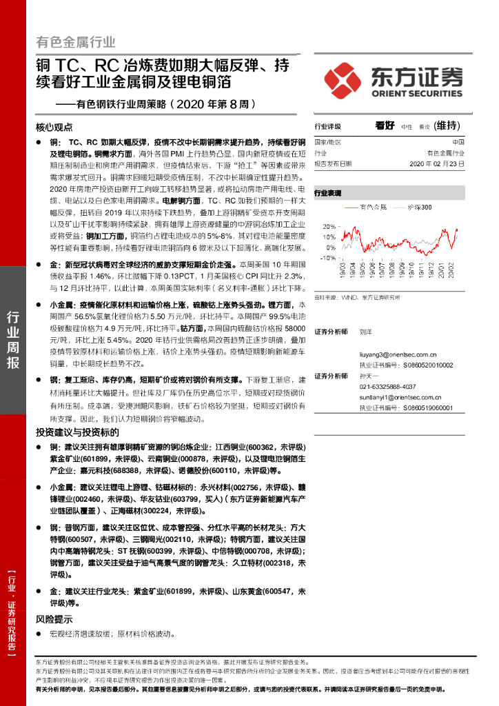 东方证券：有色钢铁行业周策略（2020年第8周）：铜 TC、RC冶炼费如期大幅反弹、持续看好工业金属铜及锂电铜箔
