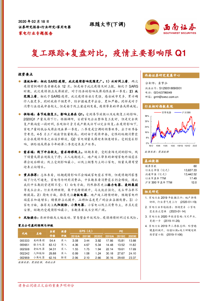 西南证券：家电行业专题报告：复工跟踪+复盘对比，疫情主要影响限Q1