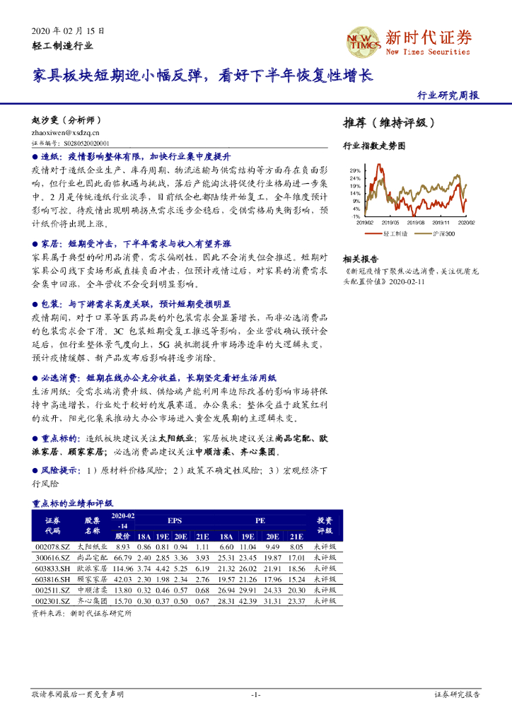 新时代证券：轻工制造行业：家具板块短期迎小幅反弹，看好下半年恢复性增长
