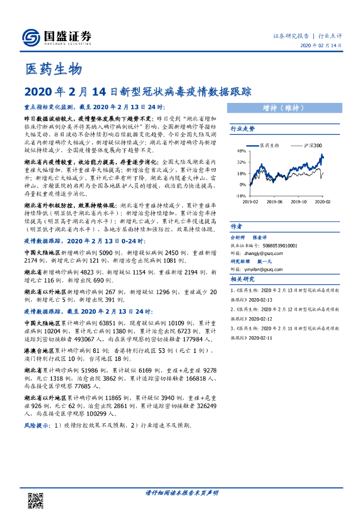 国盛证券：医药生物：2020年2月14日新型冠状病毒疫情数据跟踪