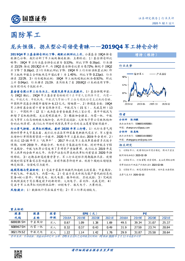 国盛证券：国防军工：龙头恒强，拐点型公司倍受青睐——2019Q4军工持仓分析
