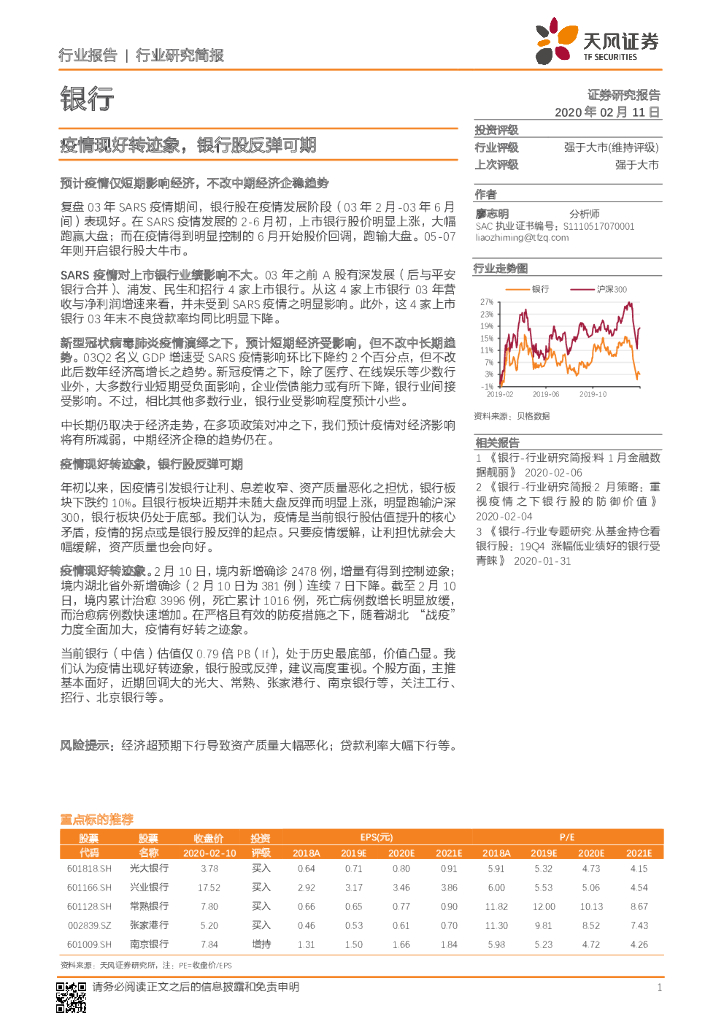 天风证券：银行行业研究简报：疫情现好转迹象，银行股反弹可期