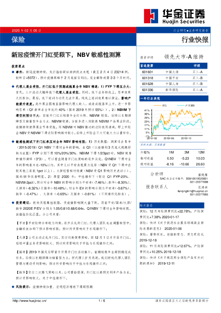 华金证券：保险行业快报：新冠疫情开门红受限下，NBV敏感性测算