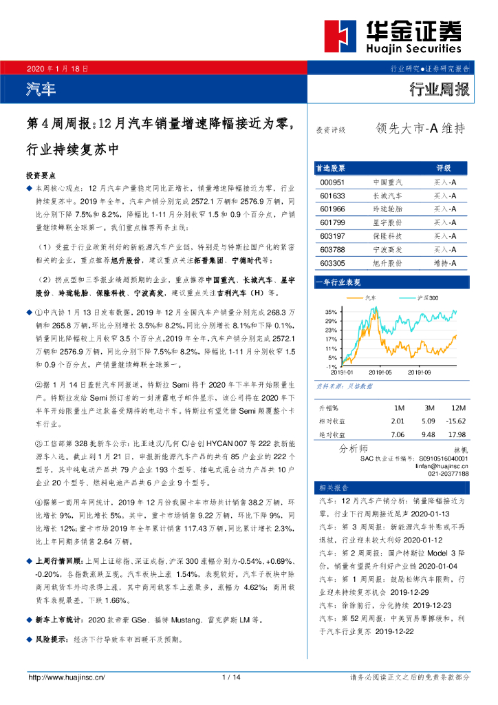 华金证券：汽车第4周周报：12月汽车销量增速降幅接近为零，行业持续复苏中