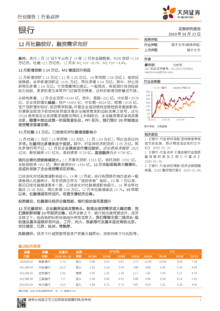 天风证券：银行：12月社融较好，融资需求向好