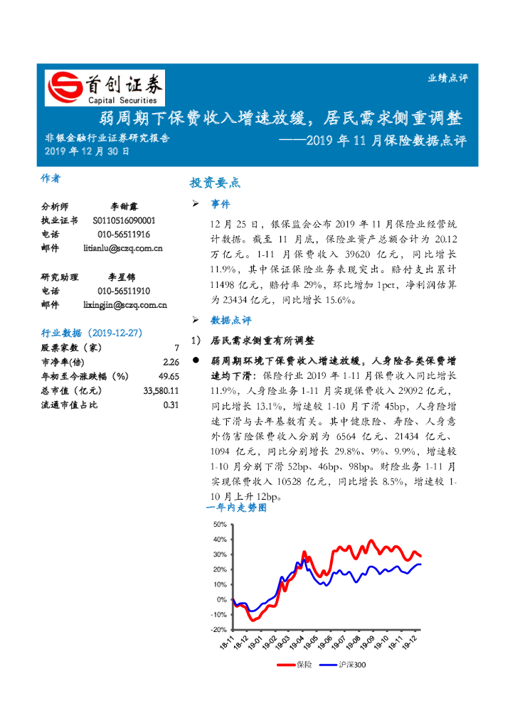 首创证券：2019年11月保险数据点评：弱周期下保费收入增速放缓，居民需求侧重调整