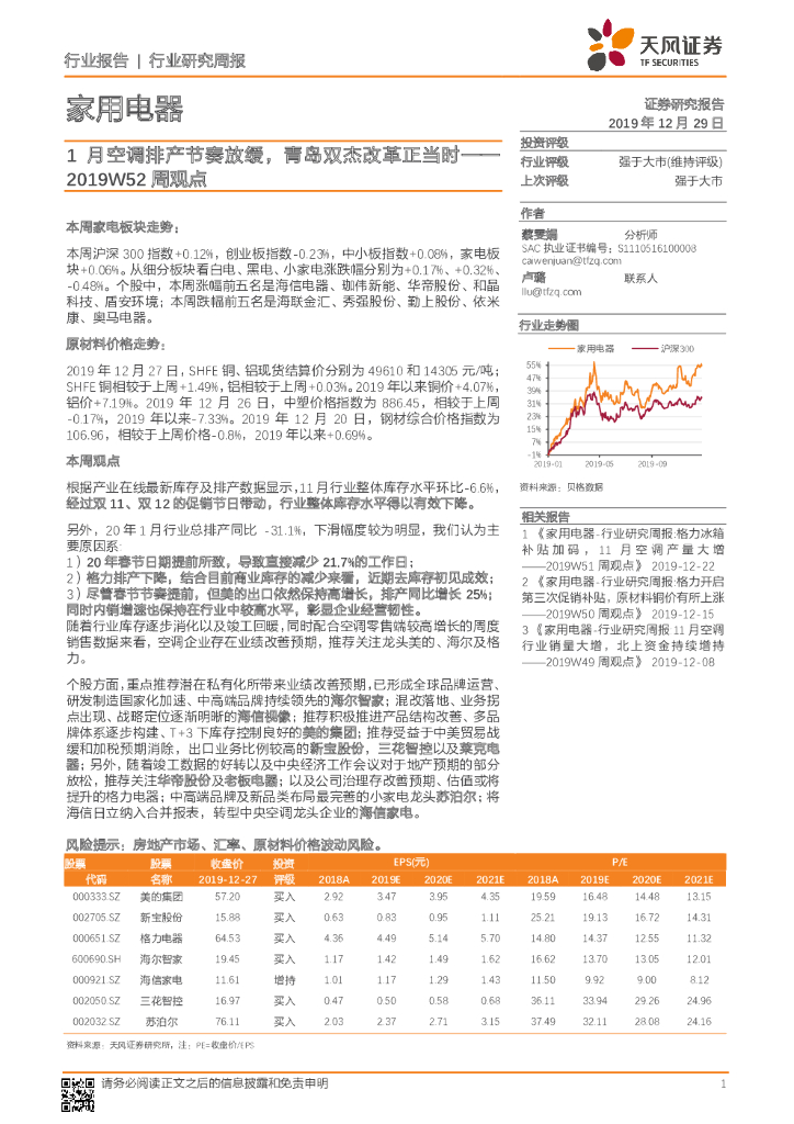 天风证券：家用电器：2019W52周观点：1月空调排产节奏放缓，青岛双杰改革正当时