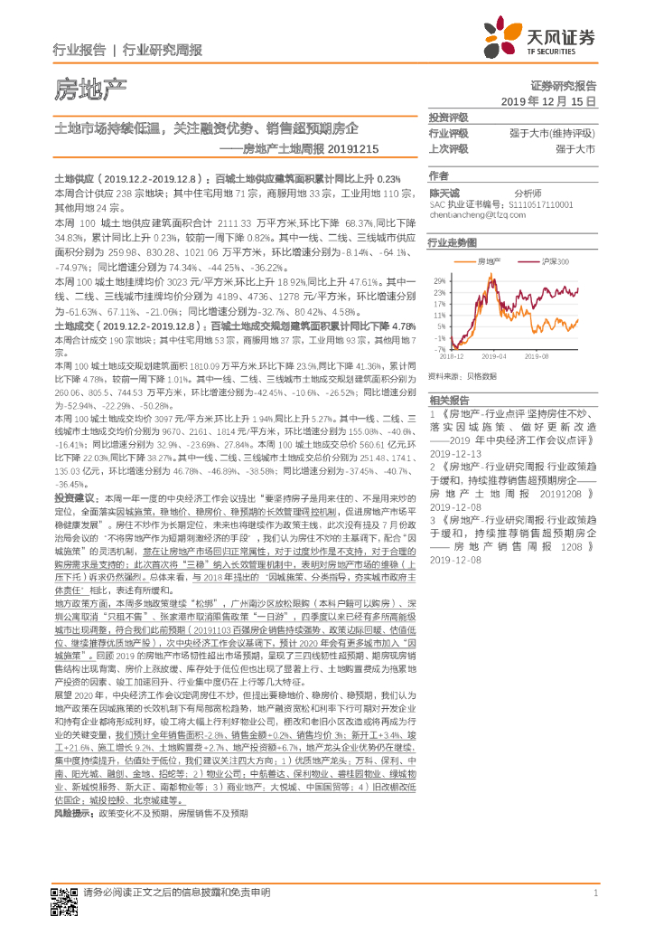 天风证券：房地产土地周报：土地市场持续低温，关注融资优势、销售超预期房企