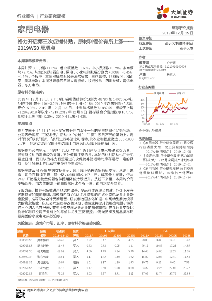 天风证券：家用电器2019W50周观点：格力开启第三次促销补贴，原材料铜价有所上涨