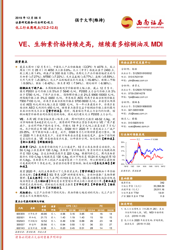 西南证券：化工行业周观点：VE、生物素价格持续走高，继续看多棕榈油及MDI