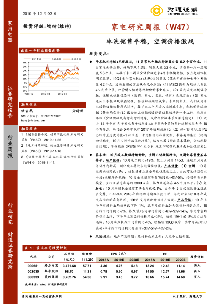 财通证券：家电研究周报（W47）：冰洗销售平稳，空调价格激战