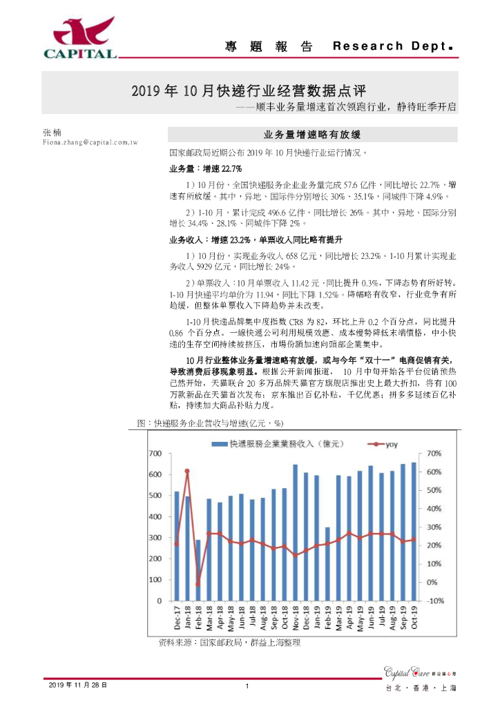 群益证券：2019年10月快递行业经营数据点评：顺丰业务量增速首次领跑行业，静待旺季开启