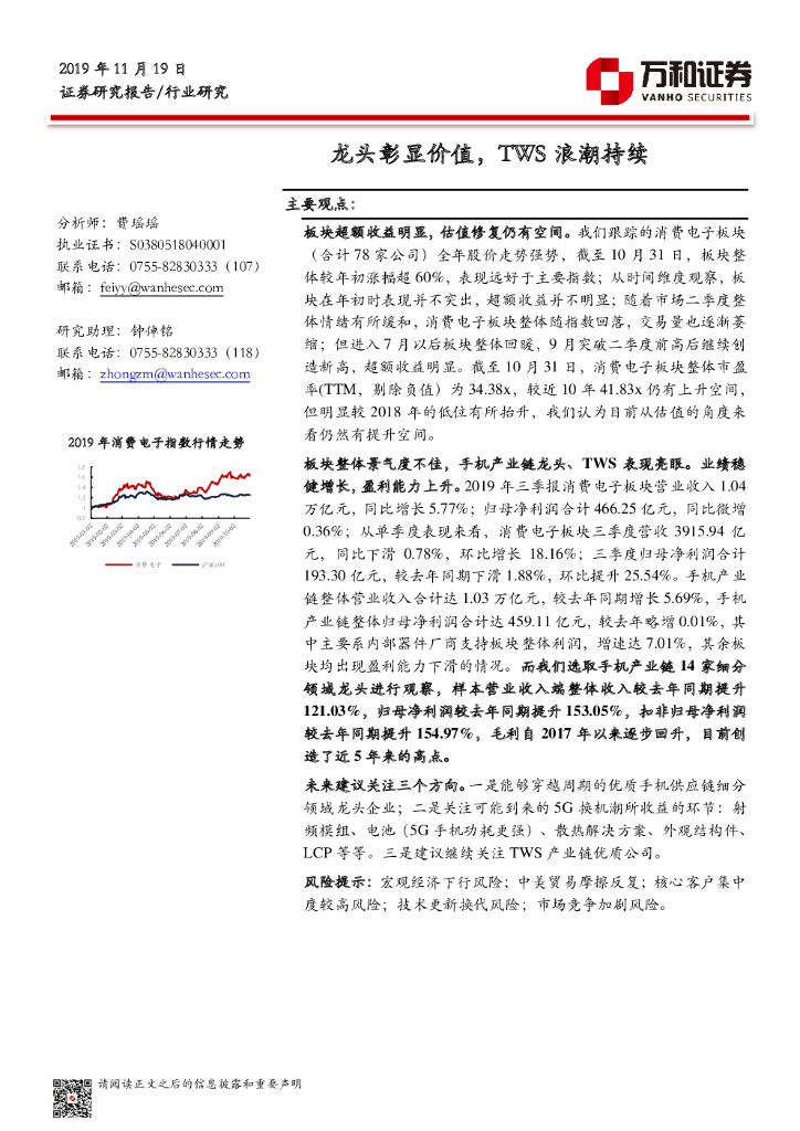 万和证券：消费电子行业：龙头彰显价值，TWS浪潮持续