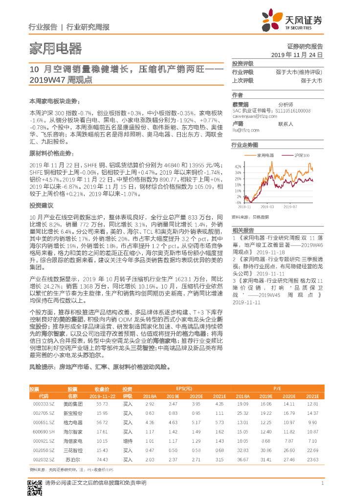 天风证券：家用电器2019W47周观点：10月空调销量稳健增长，压缩机产销两旺