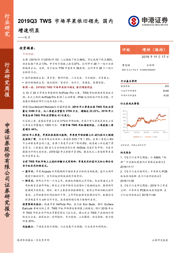 申港证券：电子行业研究周报：2019Q3TWS市场苹果依旧领先 国内增速明显