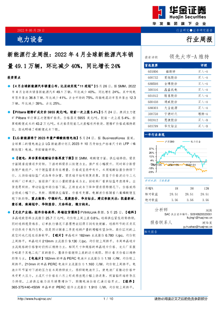 华金证券：新<em>能源</em>行业周报：2022年4月全球新<em>能源</em>汽车销量49.1万辆，环比减少40%，同比增长24% 海报