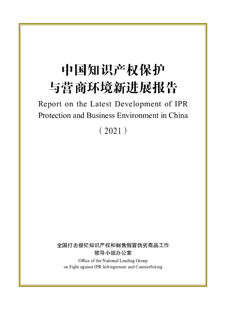 全国打击侵权假冒工作领导小组办公室：中国知识产权保护与营商环境新进展报告（2021）