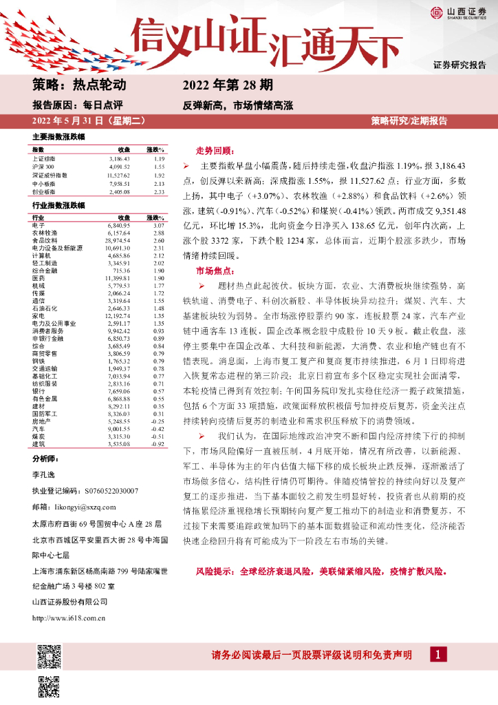 山西证券：每日点评2022年第28期：反弹新高，市场情绪高涨 海报