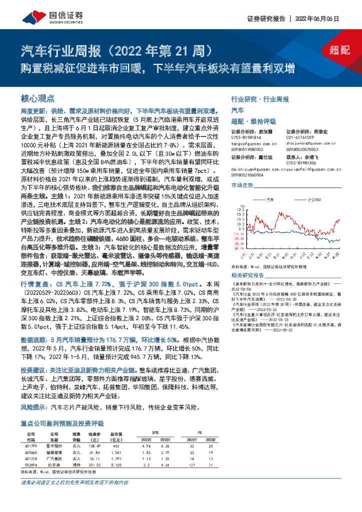 国信证券：汽车行业周报（2022年第21周）：购置税减征促进车市回暖，下半年汽车板块有望量利双增
