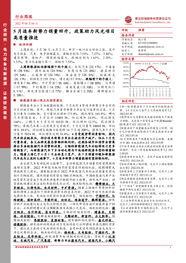 东亚前海证券：电力设备与新能源行业周报：5月造<em>车</em>新势力销量回升，政策助力风光项目高质量推进