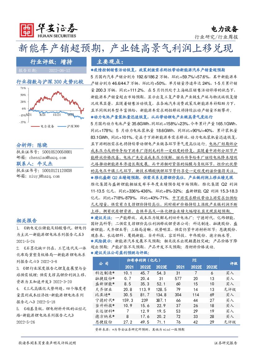 华安证券：电力设备行业周报：<em>新能车</em>产销超预期，产业链高景气利润上移兑现