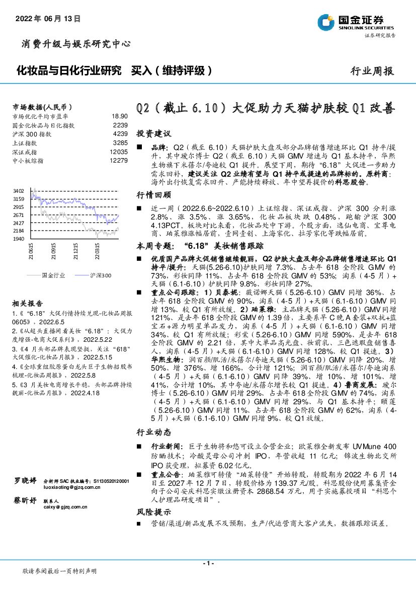 国金证券：化妆品与日化行业研究：Q2（截止6.10）大促助力天猫护肤较Q1改善