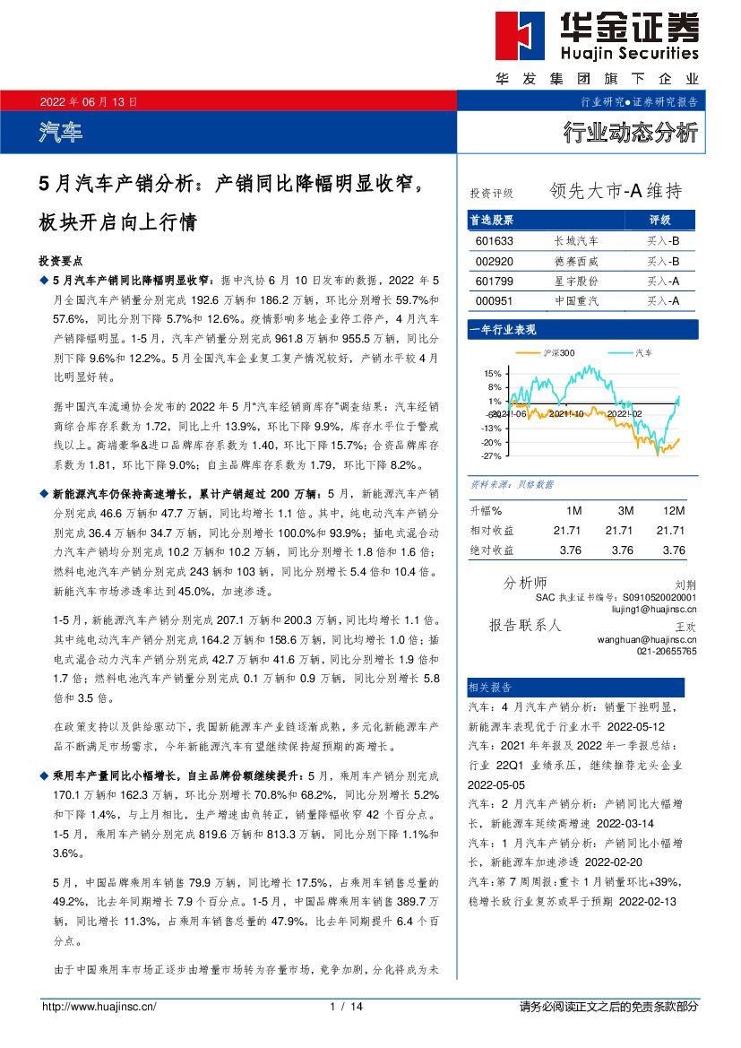 华金证券：5月汽车产销分析：产销同比降幅明显收窄，板块开启向上行情