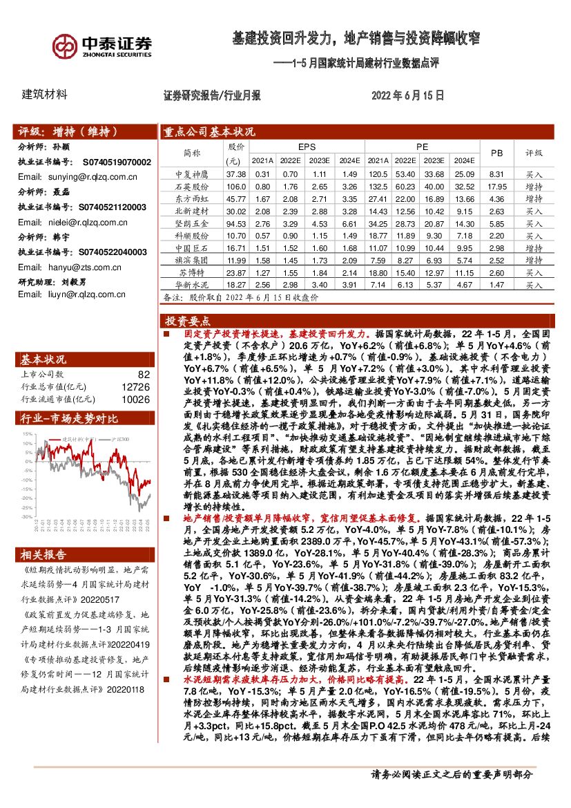 中泰证券：1-5月国家统计局建材行业数据点评：基建投资回升发力，地产销售与投资降幅收窄