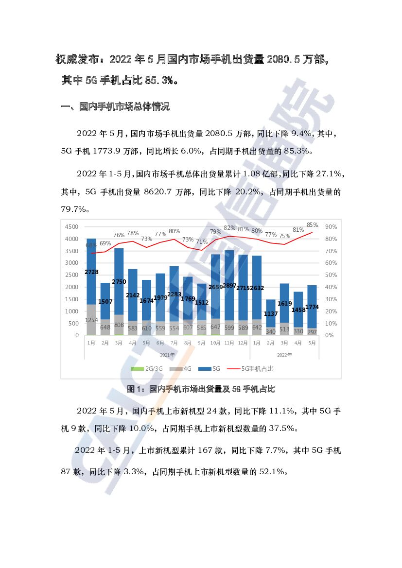 中国信通院：2022年5月国内手机市场运行分析报告