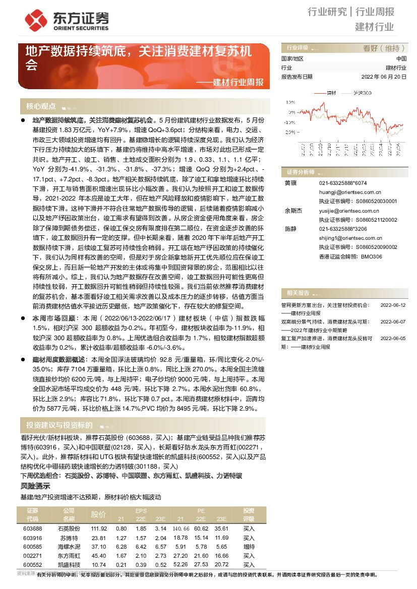 东方证券：建材行业周报：地产数据持续筑底，关注消费建材复苏机会