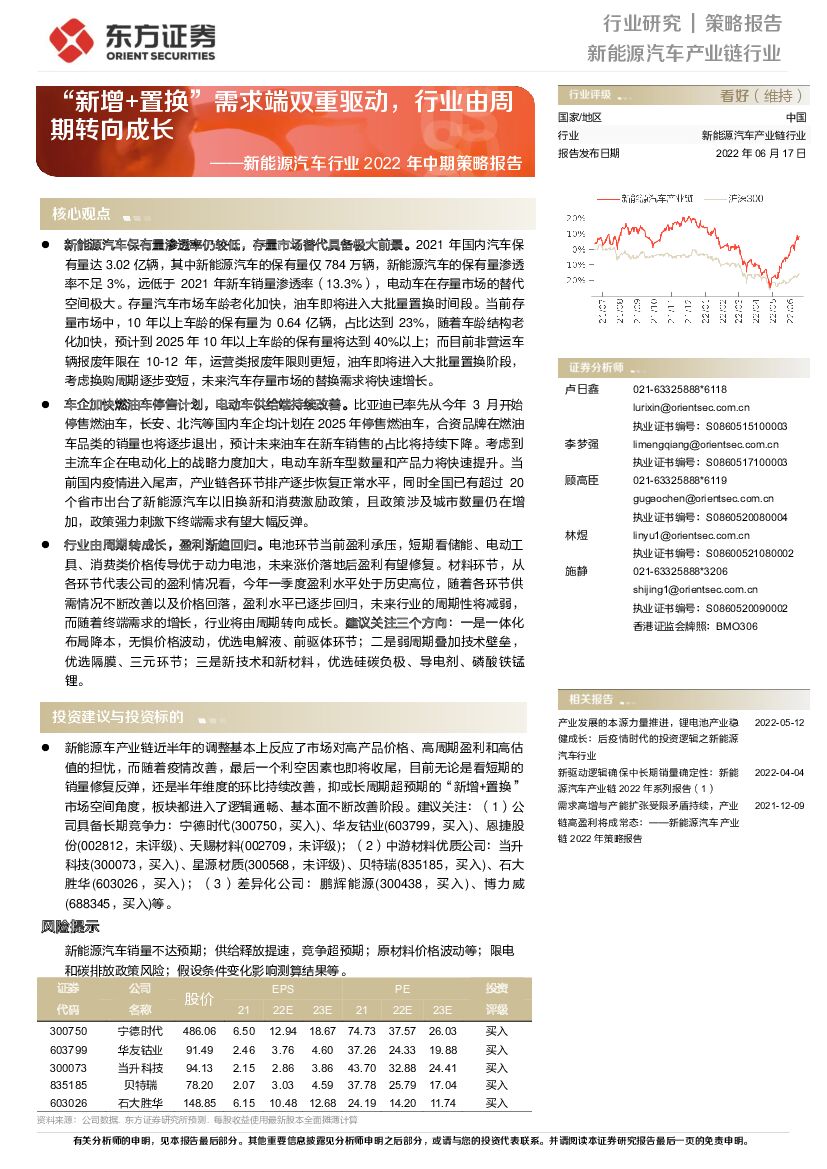 东方证券：新能源汽车行业2022年中期策略报告：“新增+置换”需求端双重驱动，行业由周期转向成长
