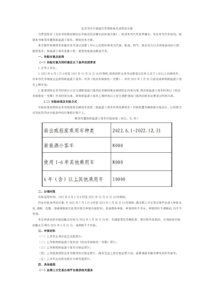 北京市关于鼓励汽车更新换代消费的方案