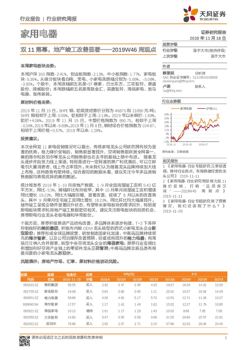 天风证券：家用电器2019W46周观点：双11落幕，地产竣工改善显著